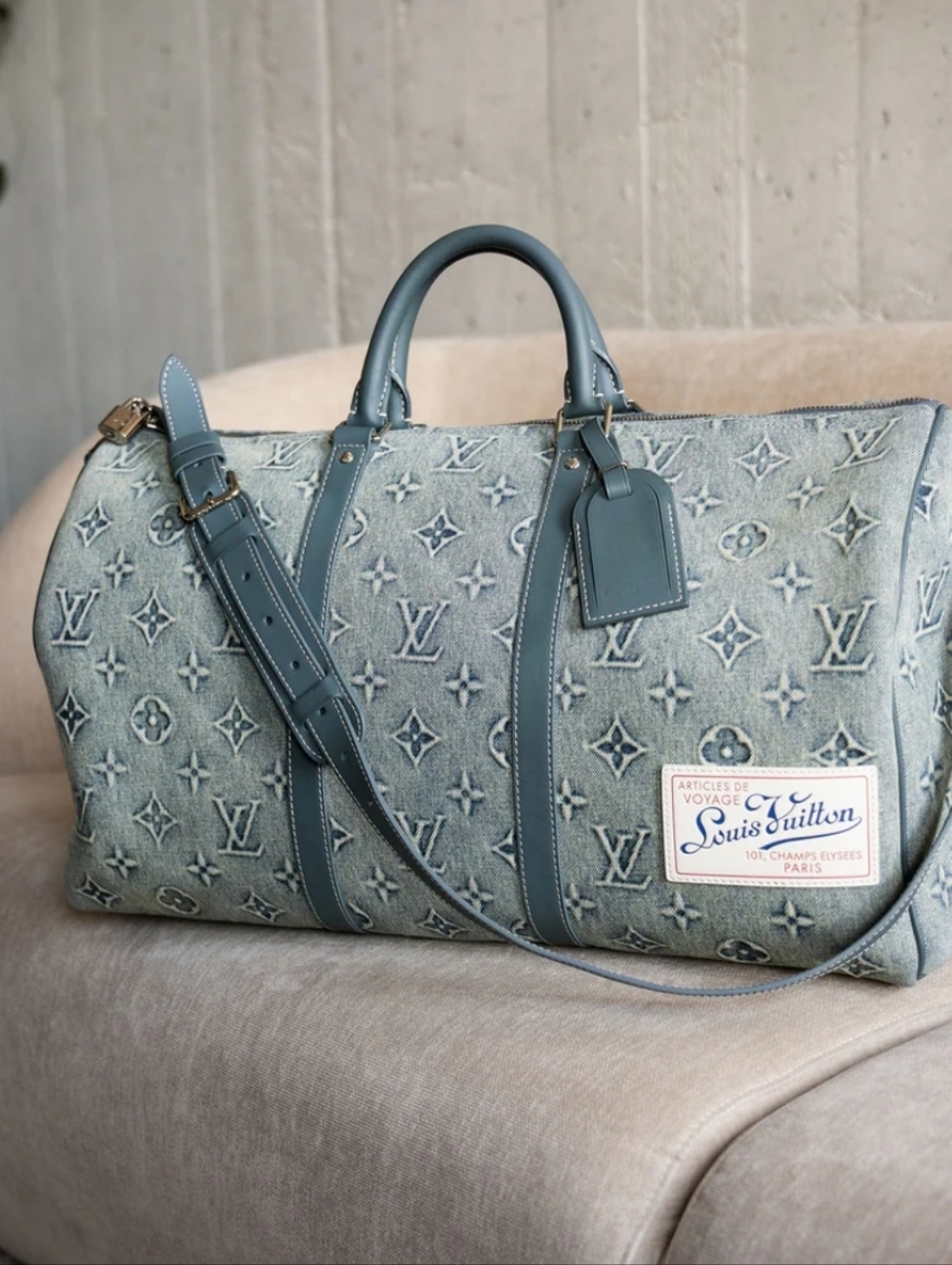 Cotton Denim Design All Kept 50 Traveler Embo Monogram Stonewashed Delux Duffel - Picture 8 of 16